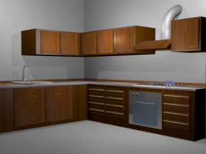 K&uuml;che mit Feuer auf dem Kochfeld und Wasser 3D Modell