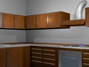 kitchen with fire on cooktop and water 3D Model