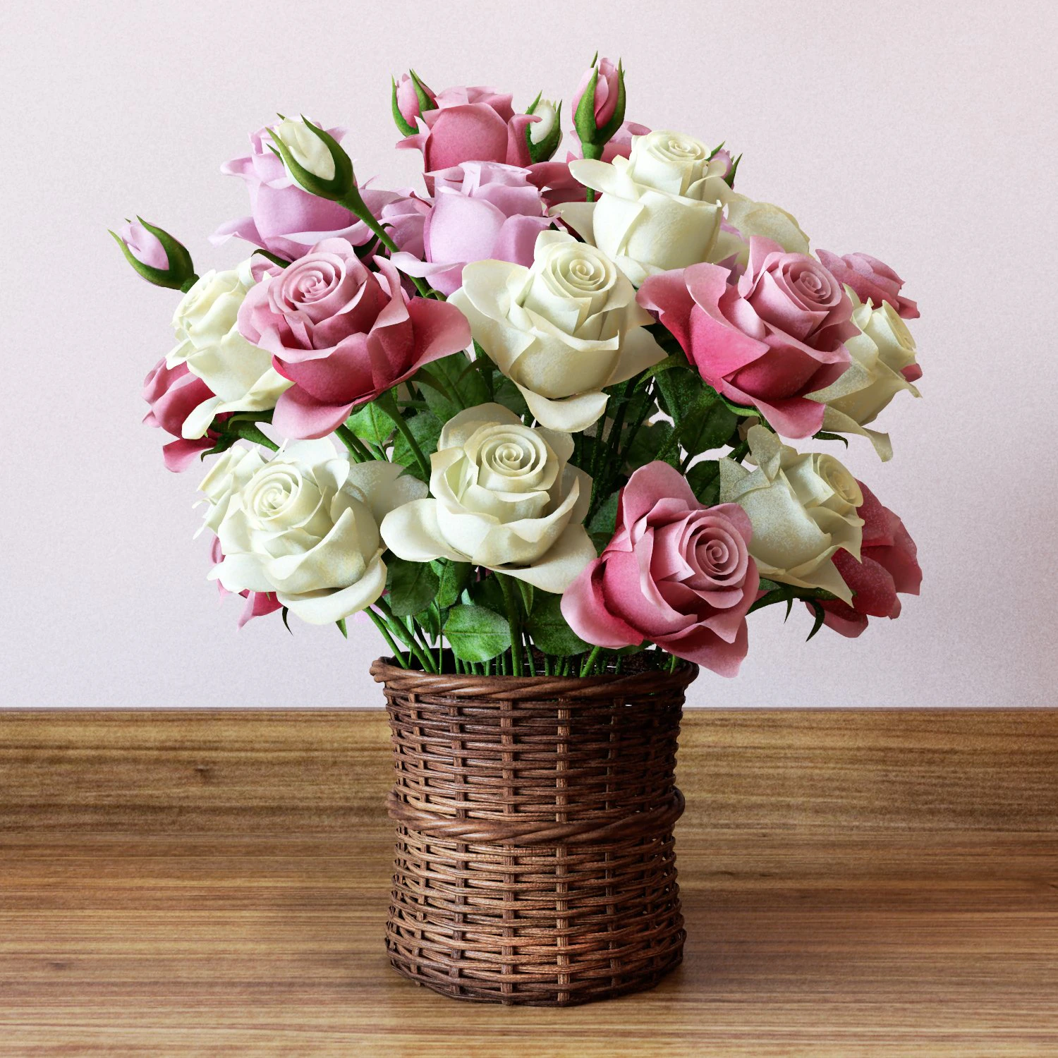 basket with roses 3D Model .c4d .max .obj .3ds .fbx .stl .blend
