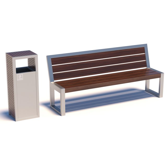 street bench with trashcan 3D Модель .c4d .max .obj .3ds .fbx .stl .blend