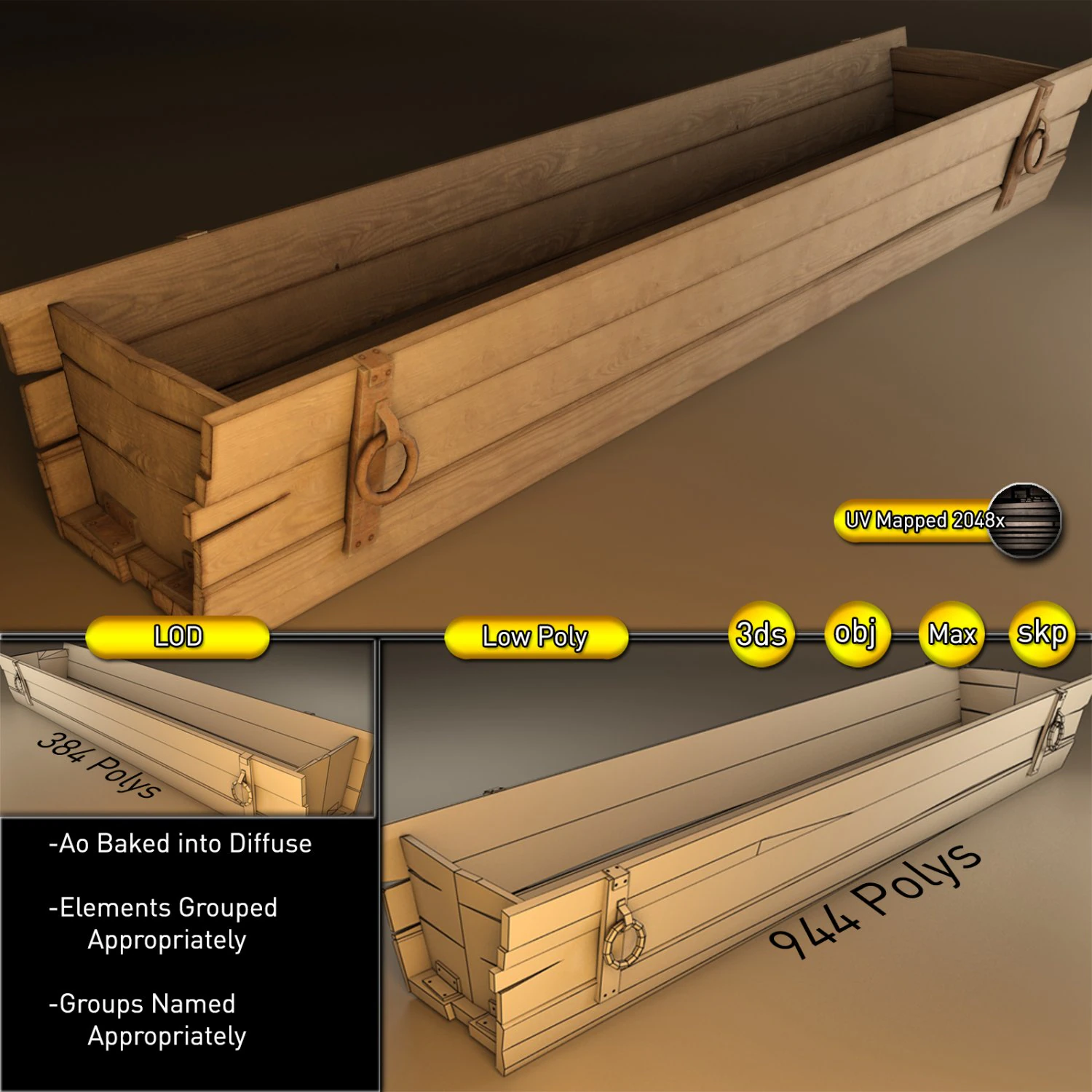 wooden horse trough 3D Model .c4d .max .obj .3ds .fbx .stl .blend 