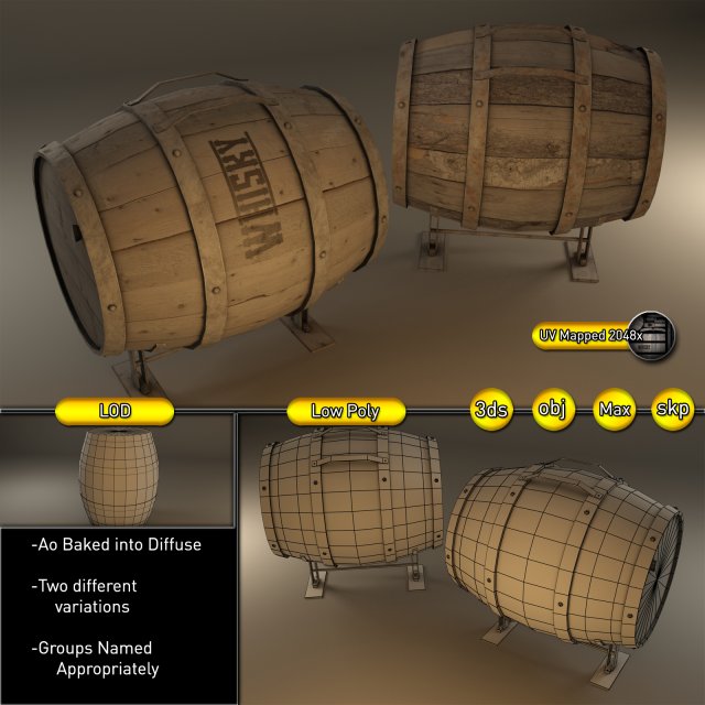 wooden barrel 3D Model .c4d .max .obj .3ds .fbx .stl .blend 