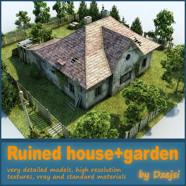 ruined house with garden 3D Model .c4d .max .obj .3ds .fbx .stl .blend 