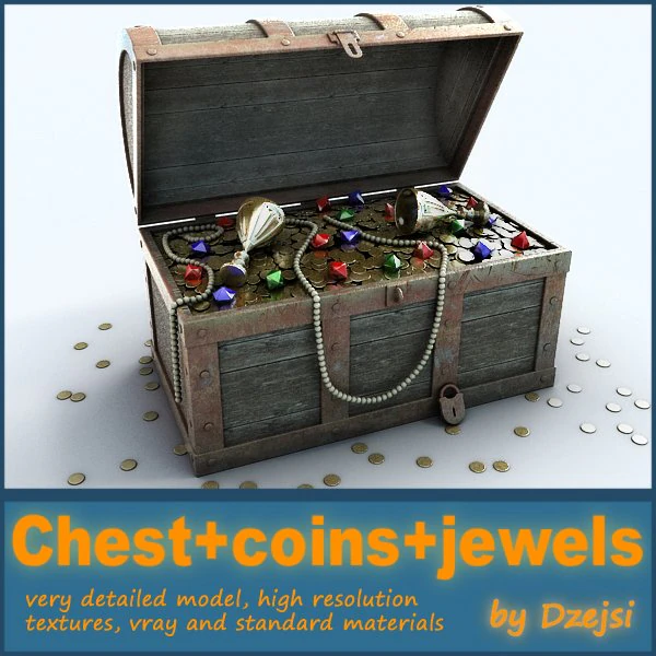 chest - coins - jewels 3D Model .c4d .max .obj .3ds .fbx .stl .blend