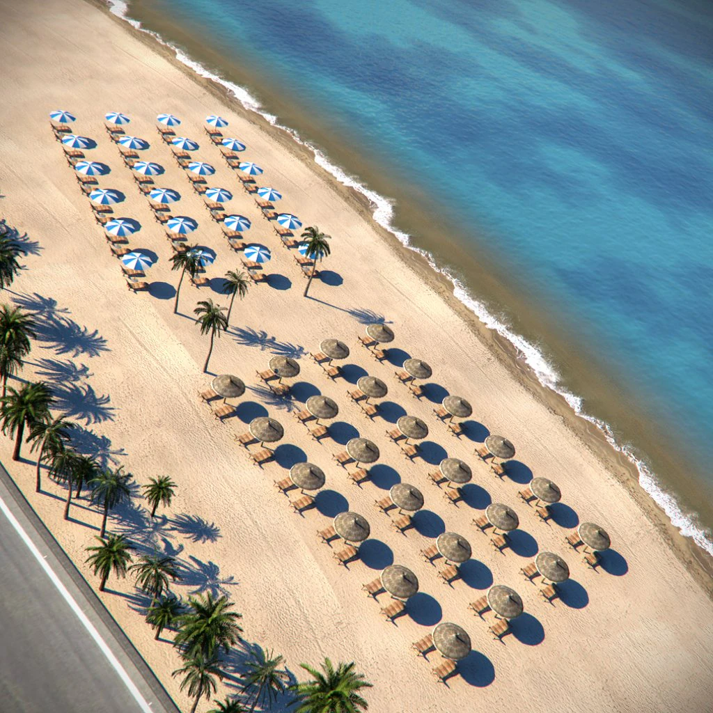 beach sunbeds with umbrella 3D Model .c4d .max .obj .3ds .fbx .stl .blend