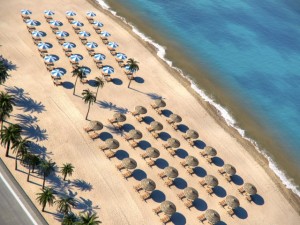 beach sunbeds with umbrella Model 3D