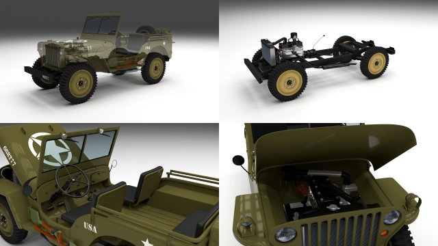 full w chassis jeep willys mb military Modèle 3D .c4d .max .obj .3ds .fbx .stl .blend 