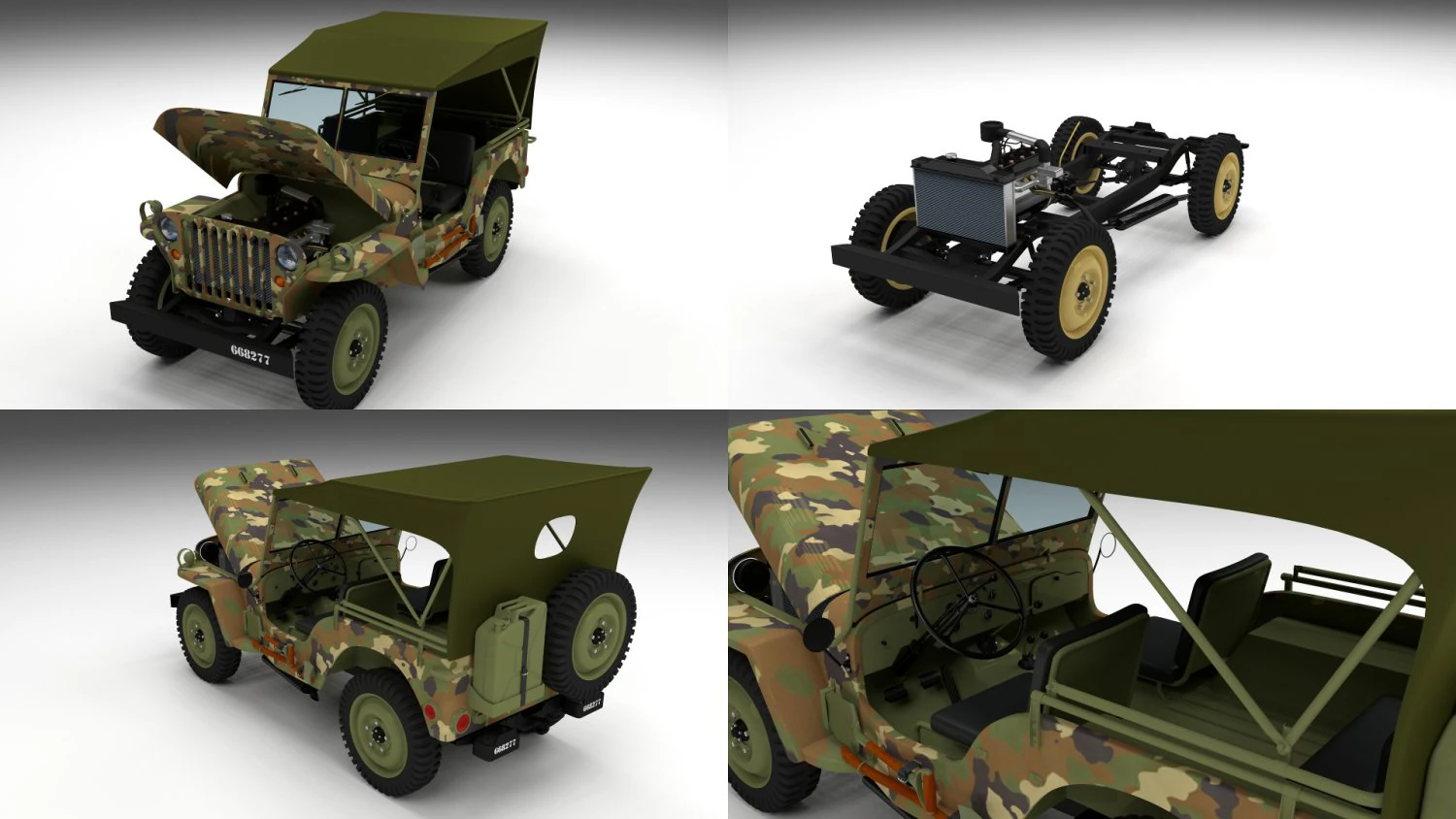 full w chassis jeep willys mb military camo 3D Model .c4d .max .obj .3ds .fbx .stl .blend 