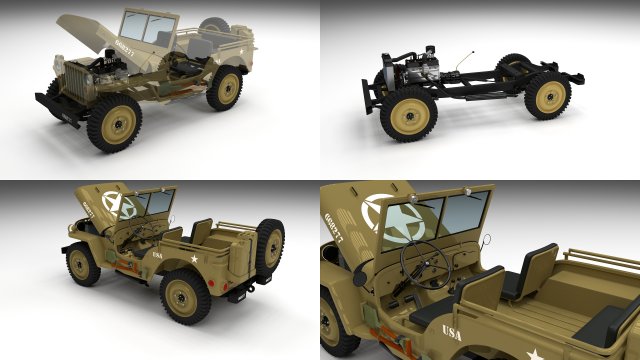 full w chassis jeep willys mb military desert Model 3D .c4d .max .obj .3ds .fbx .stl .blend 