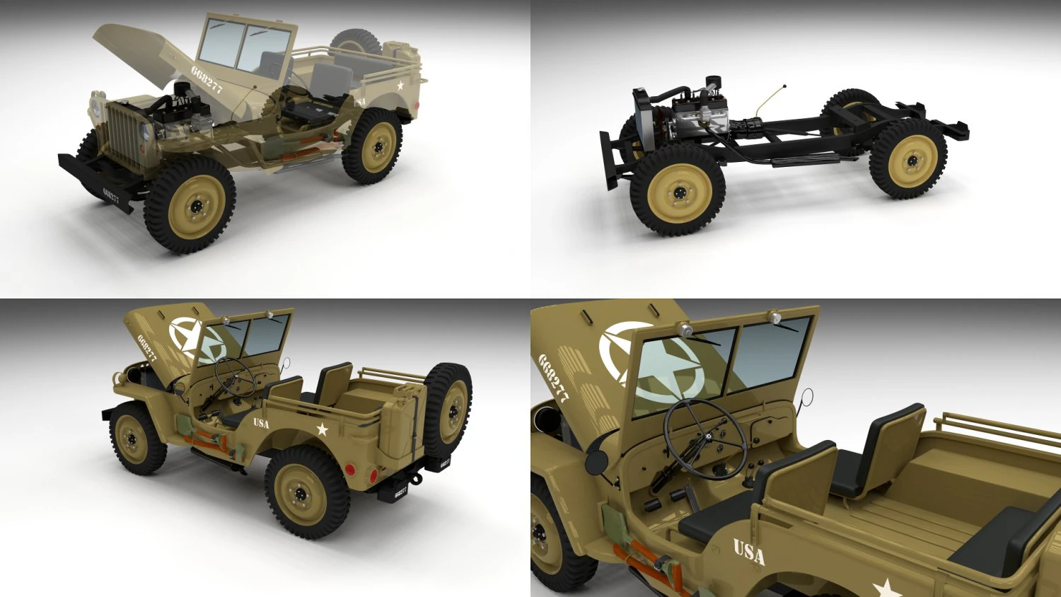 full w chassis jeep willys mb military desert 3D Model .c4d .max .obj .3ds .fbx .stl .blend 
