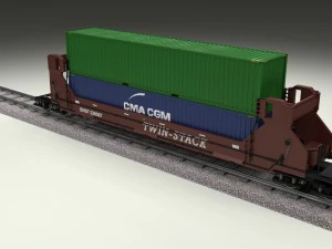brown train well car w containers 3D Model