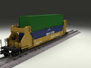 yellow train well car w containers 3D Model