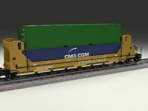 yellow train well car w containers 3D Model