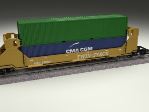 yellow train well car w containers 3D Model