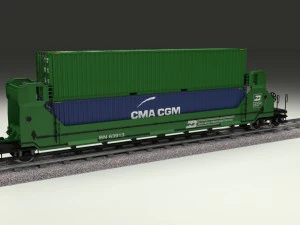 green train well car w containers 3D Model