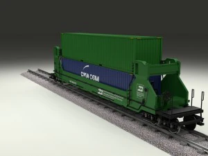 green train well car w containers 3D Model