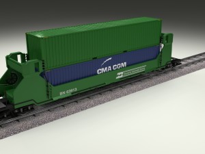 green train well car w containers Modello 3D