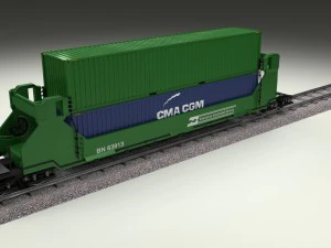 green train well car w containers 3D Model