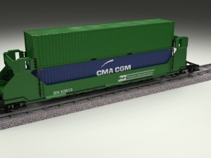 green train well car w containers Modello 3D