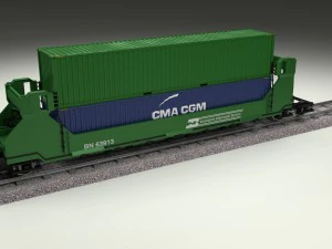green train well car w containers 3D Model