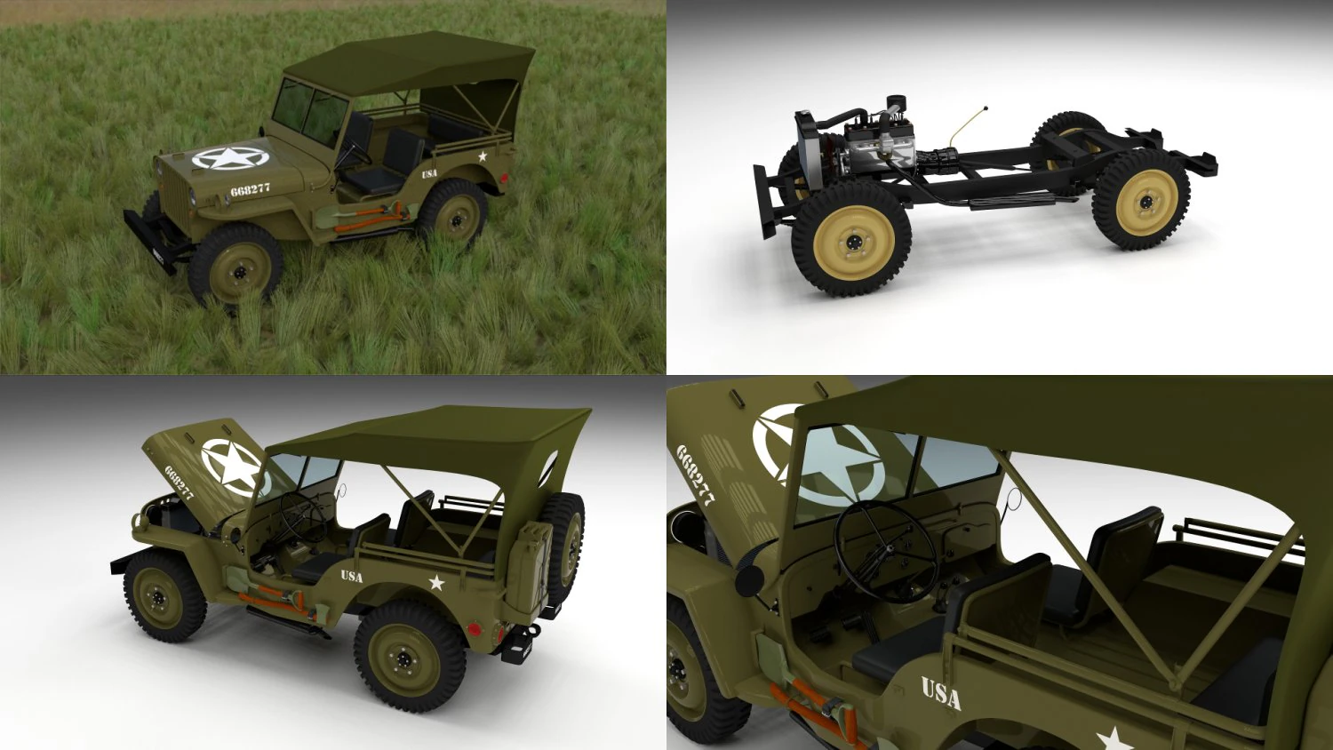 full w chassis jeep willys mb military top hdri 3D Model .c4d .max .obj .3ds .fbx .stl .blend