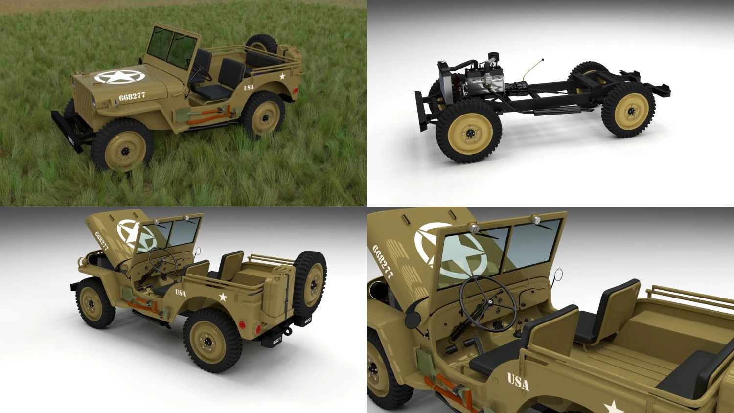 full w chassis jeep willys mb military desert hd 3D Model .c4d .max .obj .3ds .fbx .stl .blend 
