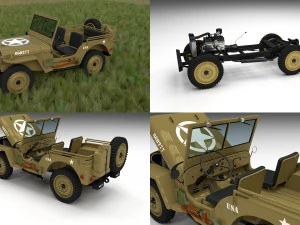 ch&acirc;ssis complet avec jeep willys mb d&eacute;sert militaire hd Modèle 3D