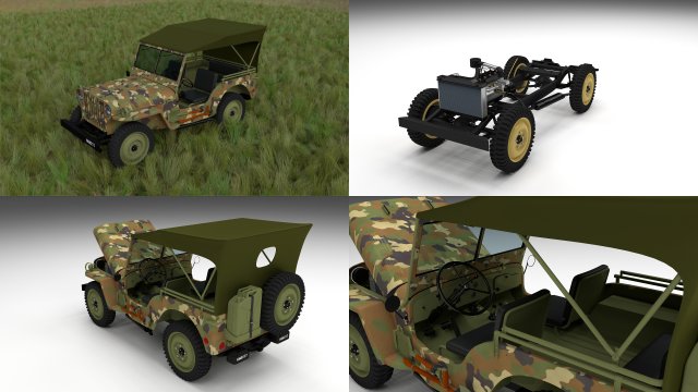 full w chassis jeep willys mb military camo hdri Model 3D .c4d .max .obj .3ds .fbx .stl .blend 