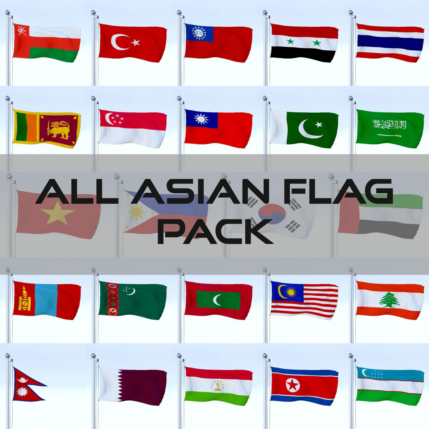 all asian flag pack 3D Model .c4d .max .obj .3ds .fbx .stl .blend 