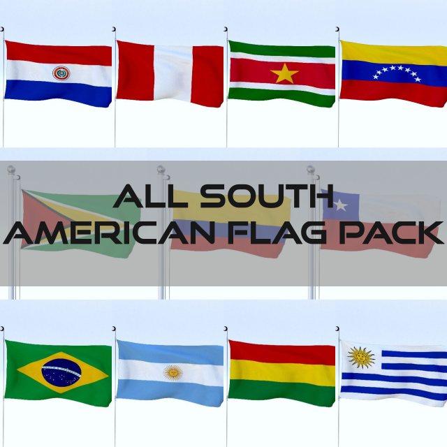 all south american flag pack 3D Model .c4d .max .obj .3ds .fbx .stl .blend 