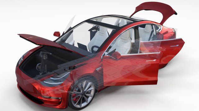 tesla model 3 red with interior and chassis 3D Модель .c4d .max .obj .3ds .fbx .stl .blend 