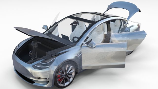tesla model 3 silver with interior and chassis 3D Model .c4d .max .obj .3ds .fbx .stl .blend 