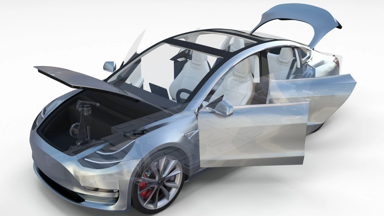 tesla model 3 silver with interior and chassis 3D Model .c4d .max .obj .3ds .fbx .stl .blend 