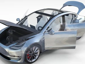 Tesla model 3 серебристый с салоном и шасси 3D Модель