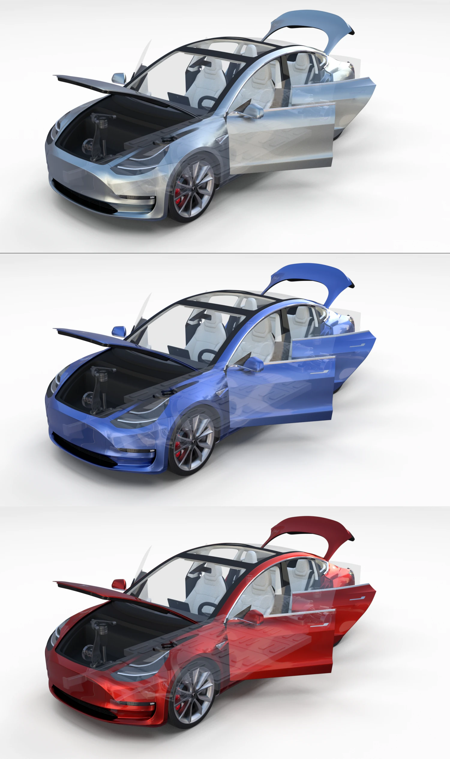 tesla model 3 with interior and chassis pack 3D Model .c4d .max .obj .3ds .fbx .stl .blend 