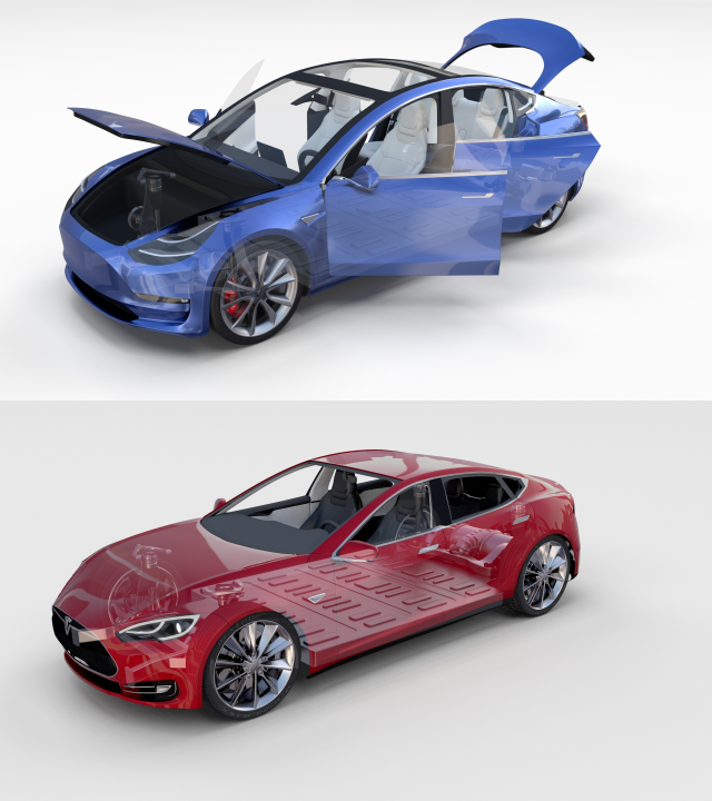tesla model 3 and model s with interior and chassi Modello 3D .c4d .max .obj .3ds .fbx .stl .blend 