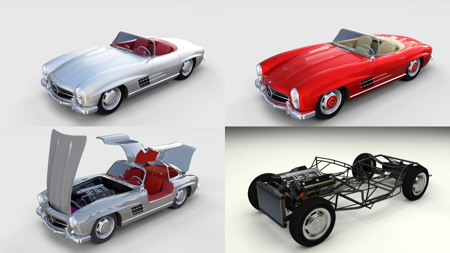 mercedes 300sl with chassis pack 3D Model .c4d .max .obj .3ds .fbx .stl .blend 