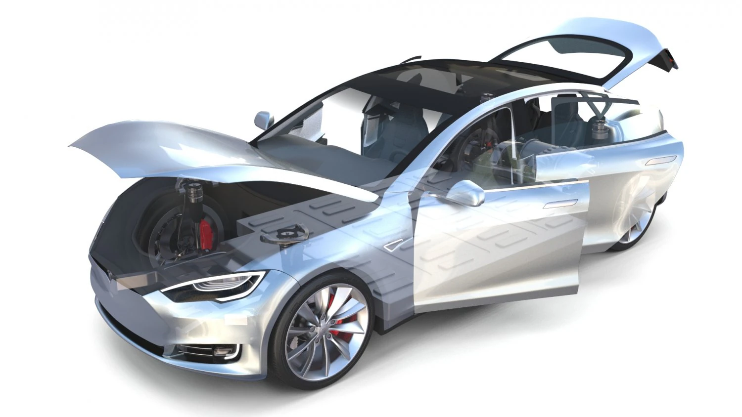 tesla model s 2016 silver with interior and chassis model 3D Model .c4d .max .obj .3ds .fbx .stl .blend 