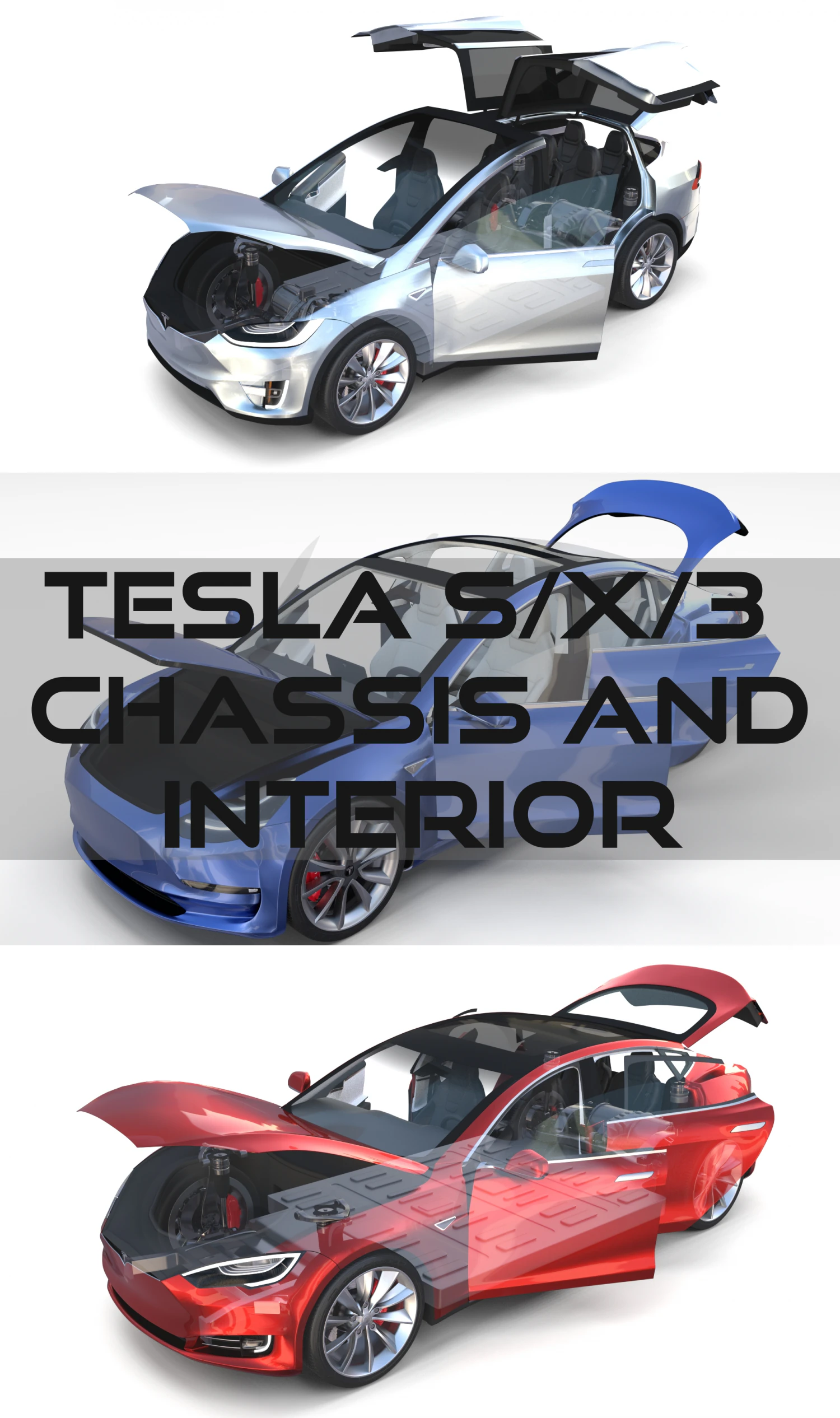 2017 tesla s-x-3 collection w chassis and interior 3D Model .c4d .max .obj .3ds .fbx .stl .blend 