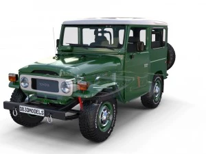Toyota Land Cruiser FJ 40 Yeşil, İç Mekan ve Şasi ile 3D Model