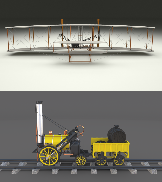 rocket locomotive and wright flyer pack 3D Model .c4d .max .obj .3ds .fbx .lwo .lw .lws