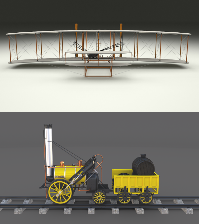 rocket locomotive and wright flyer pack 3Dモデル .c4d .max .obj .3ds .fbx .stl .blend 
