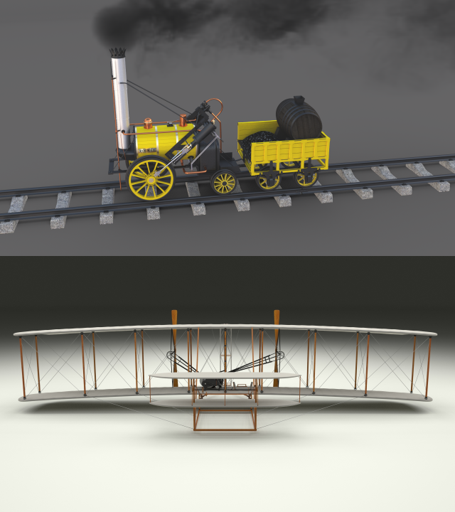 animated rocket locomotive and wright flyer pack 3D Model .c4d .max .obj .3ds .fbx .lwo .lw .lws