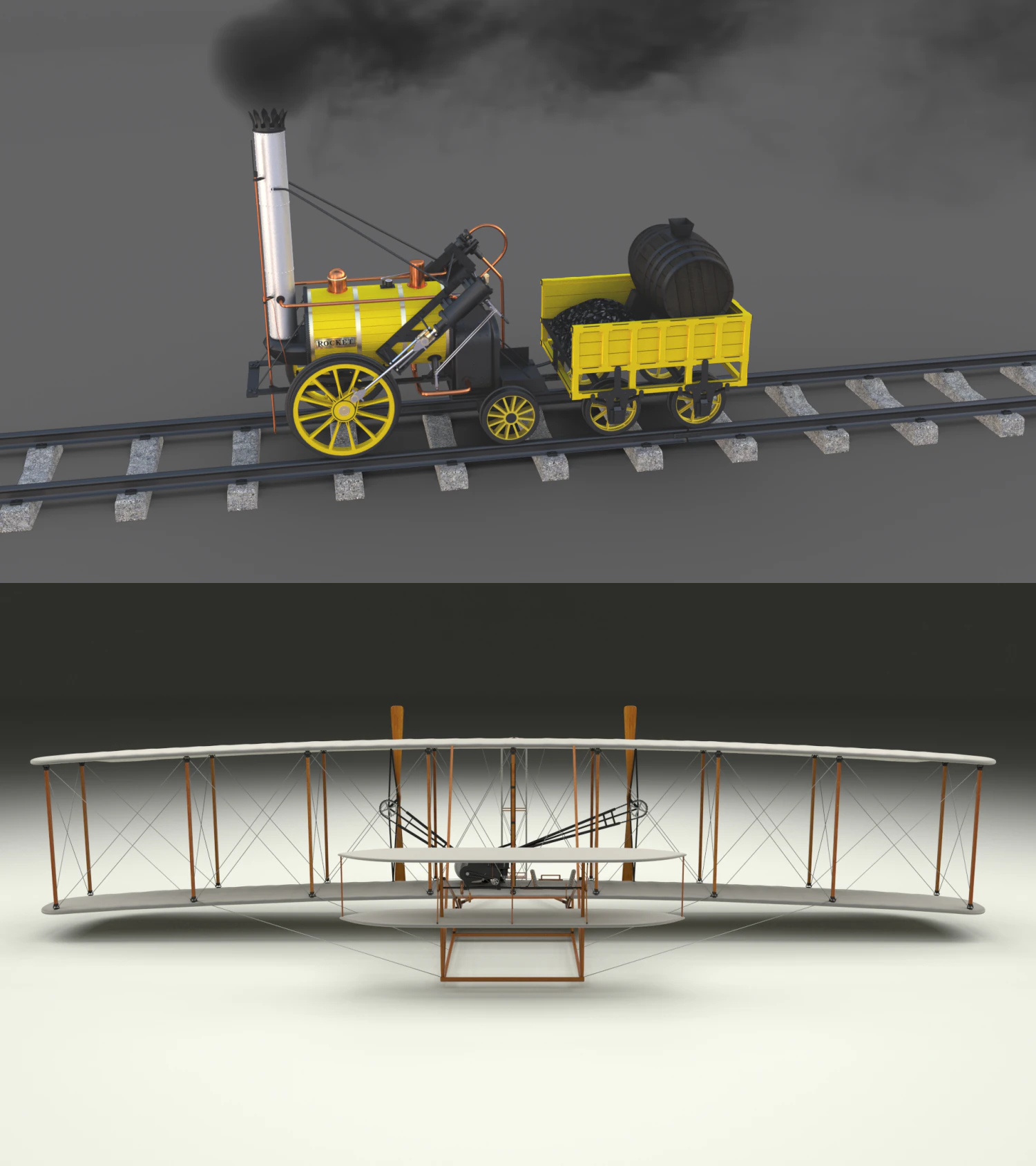 animated rocket locomotive and wright flyer pack 3D Model .c4d .max .obj .3ds .fbx .stl .blend