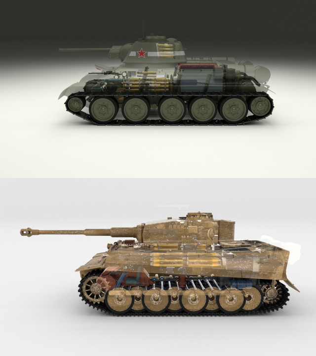 t34-76 tiger tank early pack with interior and engine bay 3D मॉडल .c4d .max .obj .3ds .fbx .stl .blend 