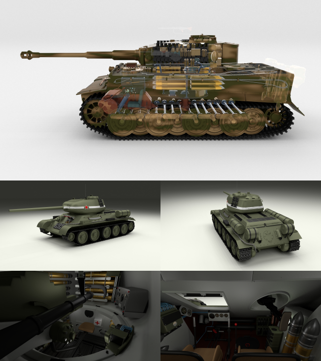 t34-85 tiger tank late pack with interior 3D मॉडल .c4d .max .obj .3ds .fbx .stl .blend 