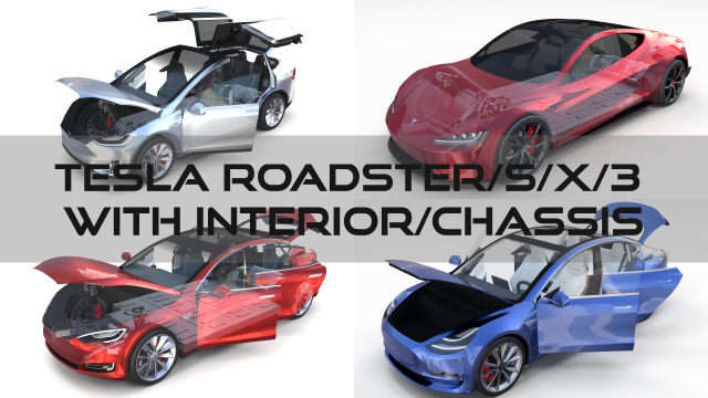 tesla roadster model s x 3 with interior and chassis 3D Model .c4d .max .obj .3ds .fbx .stl .blend 