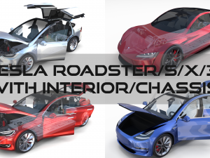 tesla roadster model s x 3 with interior and chassis 3D मॉडल