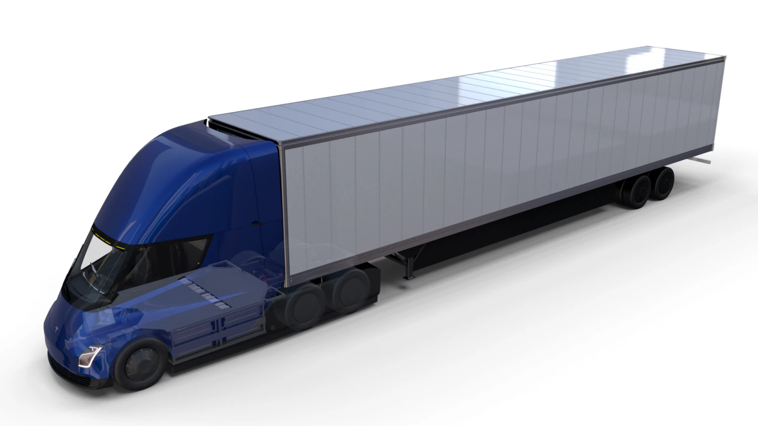 tesla truck with chassis interior and trailer blue 3D Model .c4d .max .obj .3ds .fbx .stl .blend 