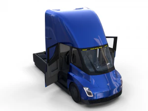 tesla truck with chassis interior and trailer blue 3D Model